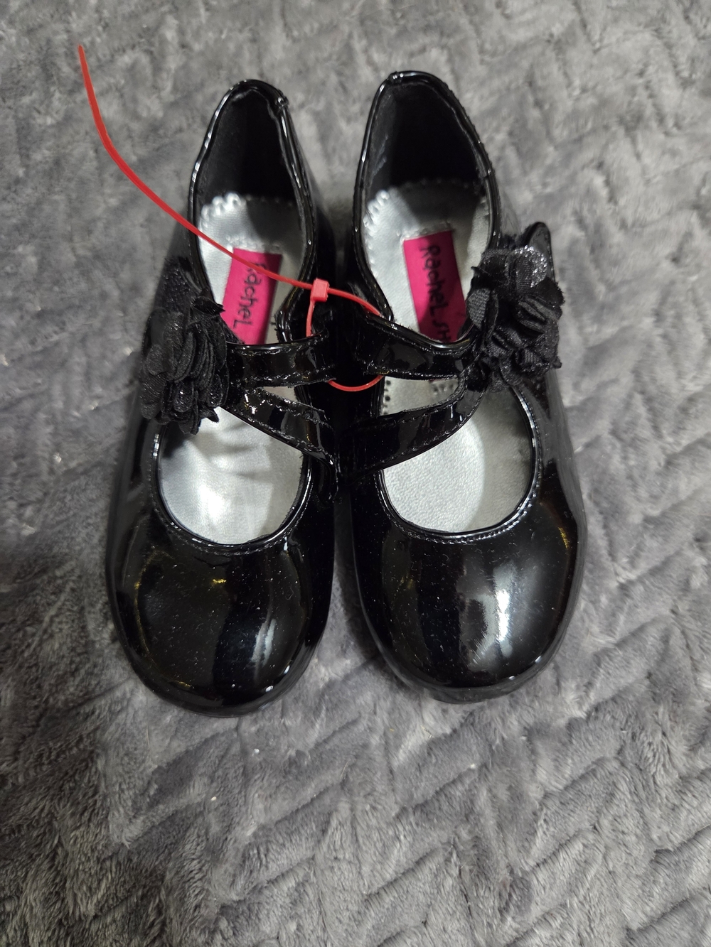 Rachel Shoes Black Patent Mary Jane Dress Shoes with Flower
